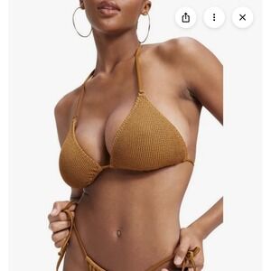 GOOD AMERICAN Always Fit Tiny Ties Bikini Top Brown Ribbed‎ Adjustable